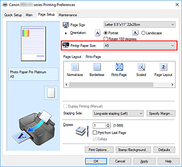 figure:Printer Paper Size on the Page Setup tab